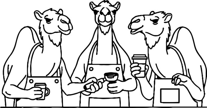 Camel baristas wearing aprons and holding coffee cups and tools