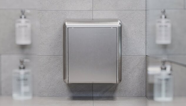 Medium shot of a wallmounted towel dispenser with soft background blur highlighting nearby sanitizing stations in a modern restroom setting.