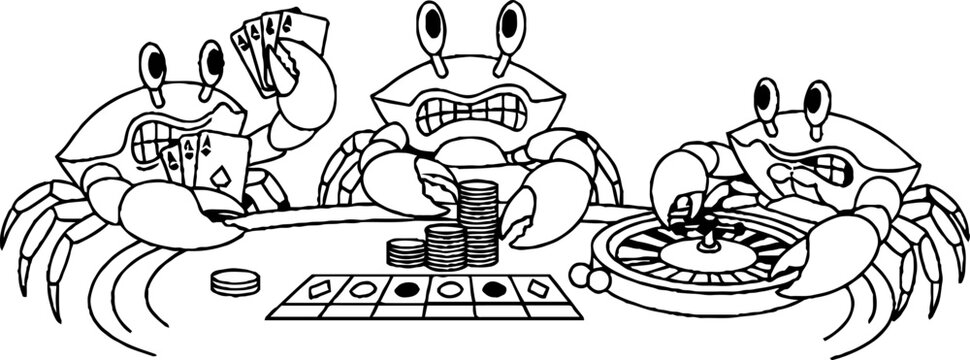 Cartoon crabs playing poker and roulette at a casino table