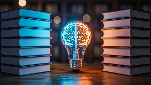 Glowing brain light bulb between books representing education and artificial intelligence concept