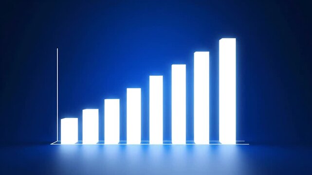 Glowing white bar chart on dark blue background.