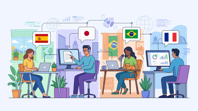 Global team collaborating remotely across different countries and languages, fostering international communication and cultural exchange in a diverse business environment.
