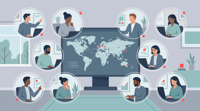 Global remote team collaboration illustration with diverse professionals working on laptops, digitally connected across a world map, representing a distributed workforce and international