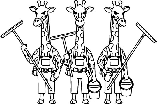 Giraffe cleaning crew in overalls with squeegees and buckets