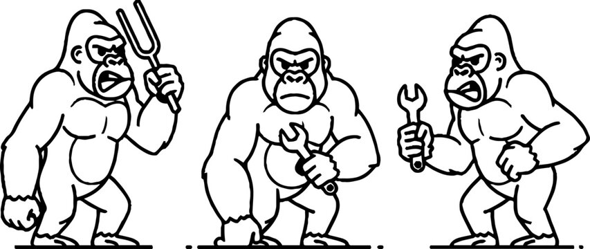 Strong gorillas holding mechanical tools and tuning fork