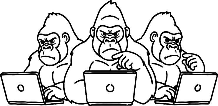 Tech savvy gorillas working on laptop computers