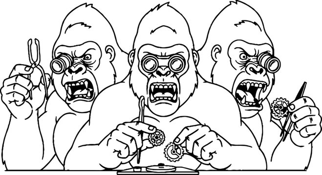 Three gorillas repairing intricate mechanical clockwork gears