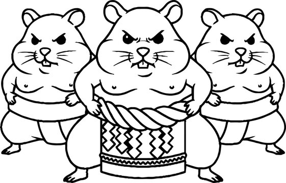 Three hamster sumo wrestlers in traditional mawashi belts and stance