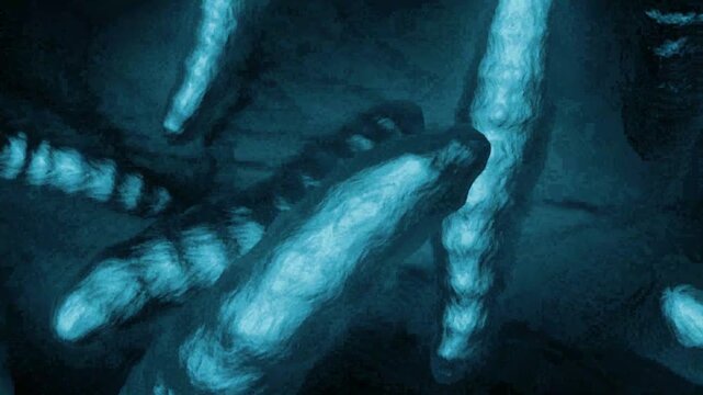 Microbe cells under microscope visualization representing organic microorganism structure with dangerous bacterial pathogen science research in 4K Ultra HD footage