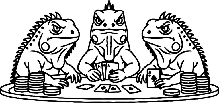 Group of iguanas playing high stakes poker around a table