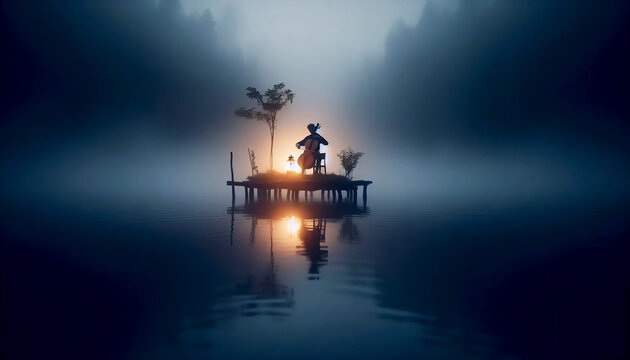 A lone cellist performing on a floating platform in the middle of a foggy lake at dawn, Ai generated image