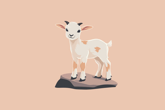 Adorable cartoon goat standing on a flat rock, smiling