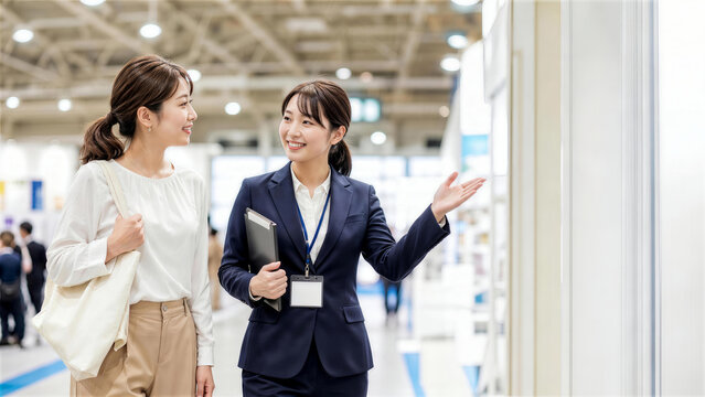展示会で女性客を笑顔でブースへ案内するビジネスウーマン