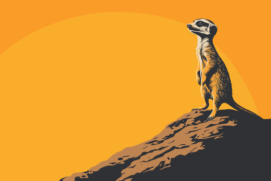 Meerkat standing on a rocky outcrop against a warm sunset sky