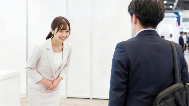 展示会ブースで男性客を笑顔で丁寧に出迎えるビジネスウーマン