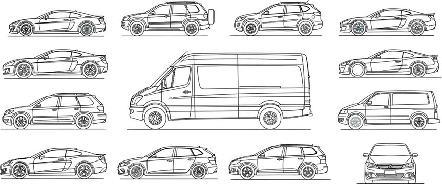 Cars and Cargo Van Transport Vehicle Outline Vector Set