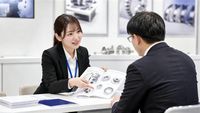展示会の商談スペースで男性客に部品カタログを開いて説明するビジネスウーマン