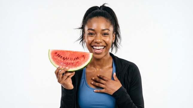 Happy fit woman smiling and holding a slice of fresh watermelon outdoor - healthy lifestyle and fitness concept.