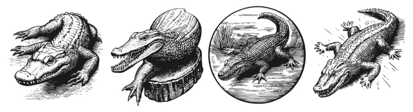Vintage Illustrations of Four Distinct Crocodile Variants, Logo Design, Hand drawing Engraving, Vector Illustration Isolated Object