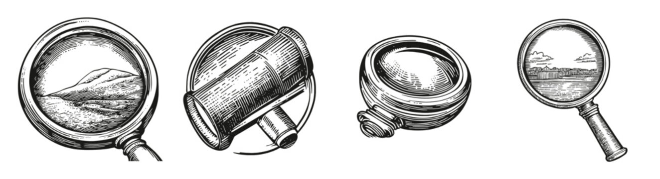 Vintage Illustrations of Magnifying Glasses with Scenic Views, Logo Design, Hand drawing Engraving, Vector Illustration Isolated Object