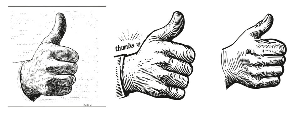 Vintage Hand Drawn Thumbs Up Illustrations in Black and White Style, Logo Design, Hand drawing Engraving, Vector Illustration Isolated Object