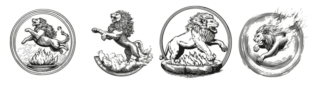 Detailed Vintage Illustrations of Lions in Dynamic Poses, Logo Design, Hand drawing Engraving, Vector Illustration Isolated Object