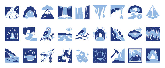 Obraz premium Set of winter nature, arctic expedition, and cold weather condition flat icons