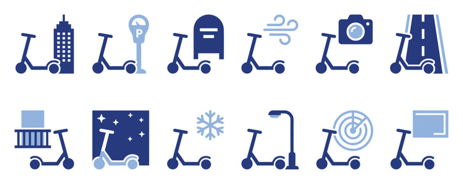 Set of scooter icons for urban mobility, delivery, and city services.