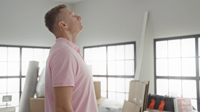 Man in pink polo tilts head back beside stacked moving boxes and a tool bag near large grid windows inside a bright loft studio; quiet contemplation.
