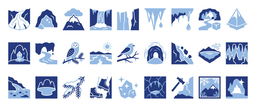 Set of winter nature, arctic expedition, and cold weather condition flat icons