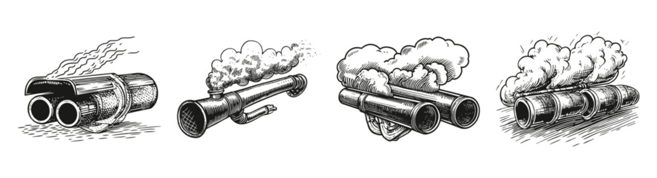Vintage Exhaust Pipes and Muffler Illustrations for Automotive Design, Logo Design, Hand drawing Engraving, Vector Illustration Isolated Object