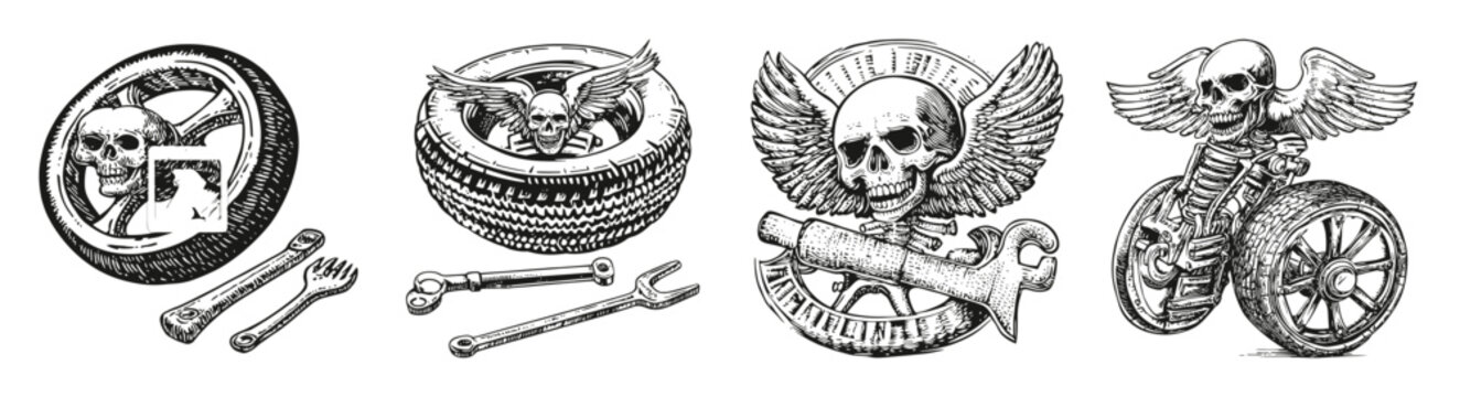 Detailed Tattoo Style Illustration of Skull and Tools Artwork, vector illustration, engraving design, logo design set, black and white line, template design element