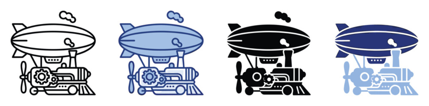 Set of steampunk blimp train engine icons for game development app interface or web graphic use