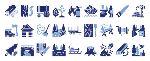 Obraz premium Set of forestry logging woodworking icons for industry, nature conservation, and outdoor adventure