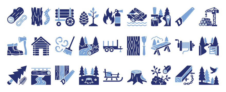Set of forestry logging woodworking icons for industry, nature conservation, and outdoor adventure