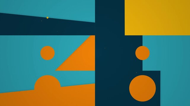 Abstract geometric motion background with colorful shapes and circles shifting in a modern minimalist flat design style.