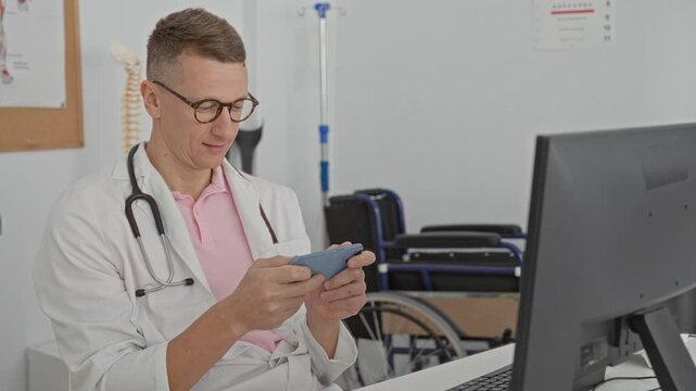 Man doctor holding smartphone with both hands, stethoscope on neck, seated at computer desk in clinic with wheelchair and spine model visible; focused care.