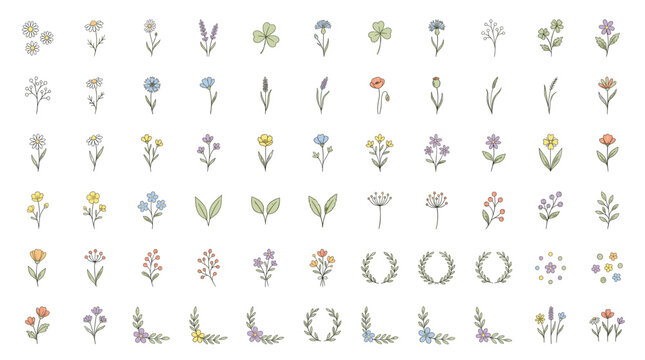 Soft wildflower clipart set with tiny pastel flowers, stems, leaves, wreaths, borders and delicate botanical elements on white