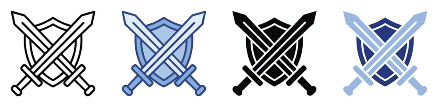 Set of shield and crossed swords icons symbolizing protection and combat for game apps and security