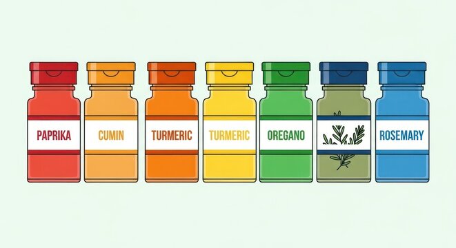Six colorful spice jars with labels on a light green background