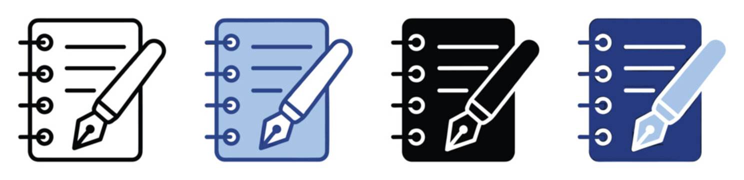 Set of notebook and pen icons in various styles representing writing, education, and creative
