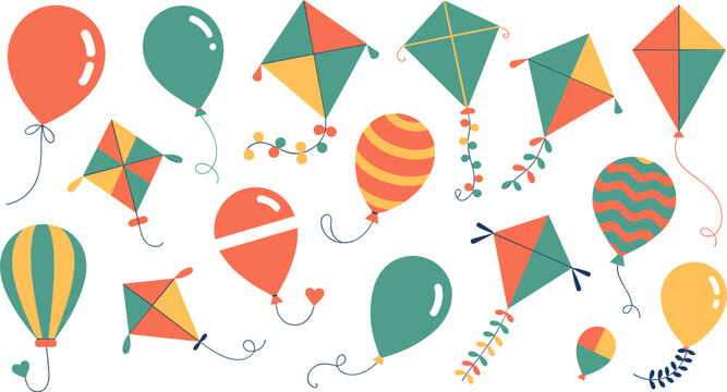 Flat Vector Illustration Set of Colorful Kites and Festive Balloons for Outdoor Activities Summer Festivals Birthday Parties and Children Playful Graphic Designs
