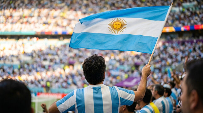 Back view of a male supporter wearing a blue and white striped Argentina football jersey waving a large national flag in a crowded stadium during a professional soccer match event.