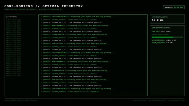 Enterprise Core Routing and Optical Telemetry Interface Displaying Next Hop Packet Routing Traffic and Live Token Verification Logs.