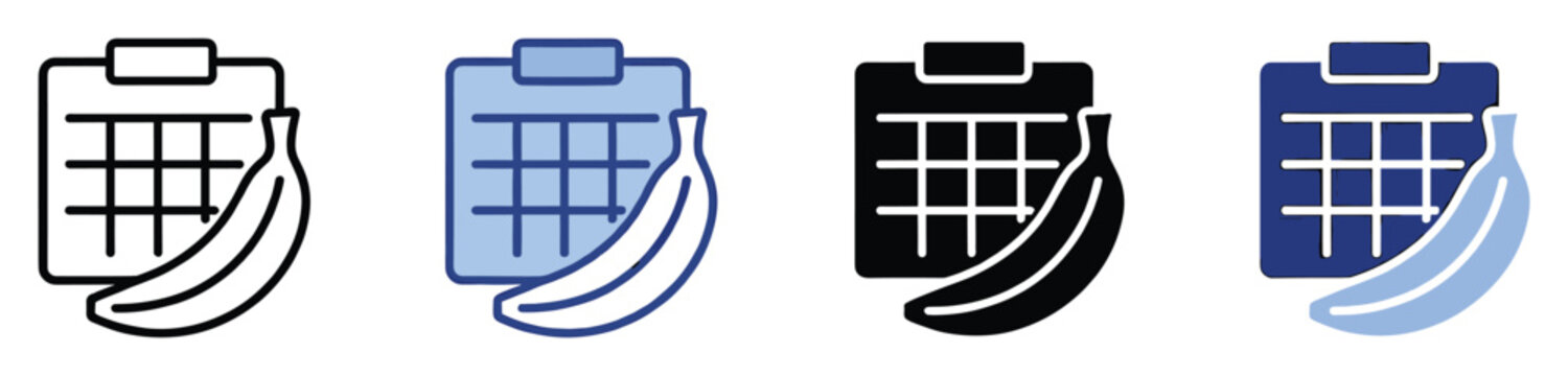 Set of healthy eating schedule icons featuring a clipboard and banana for wellness apps