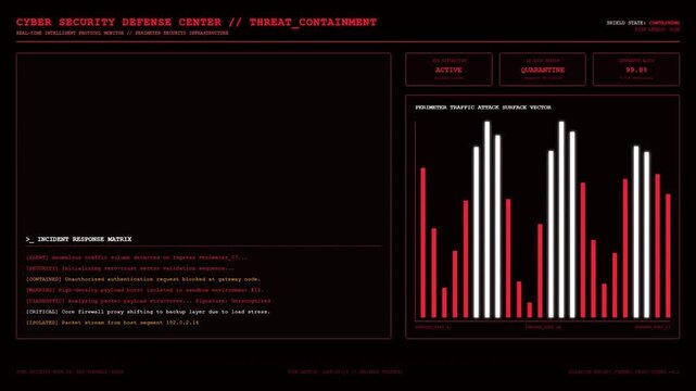 Cyber Security Defense Center Threat Containment Interface Showing Perimeter Traffic Attack Surface Vector Chart and Incident Response Matrix Log.