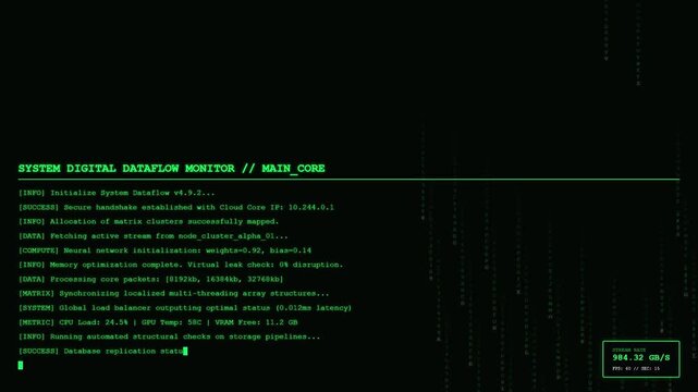 Neural Tensor Array Stream Terminal Displaying Multi Threading Data Processing Pipelines and Matrix Code Rain Simulation.