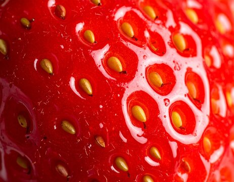 A hyper-detailed micro shot of a bold crimson red strawberry, with the distinct seed