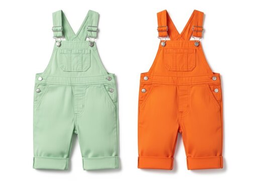 Gray and orange children&rsquo;s overalls with adjustable straps isolated on white background