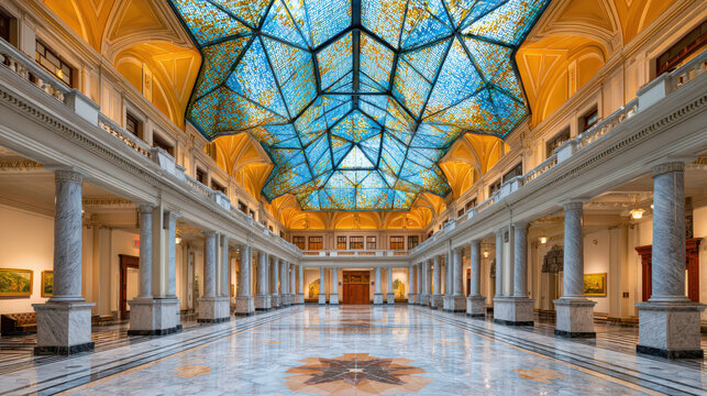 Grand hall with marble columns and stained glass ceiling showing political instability in elegant architecture